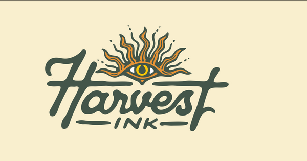 Harvest Ink primary logo, hand-drawn script wordmark with sun and all-seeing eye motif
